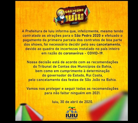 cancelamento do SC3A3o pedro de iuiu Prefeitura divulga o cancelamento do “São Pedro de Iuiu”