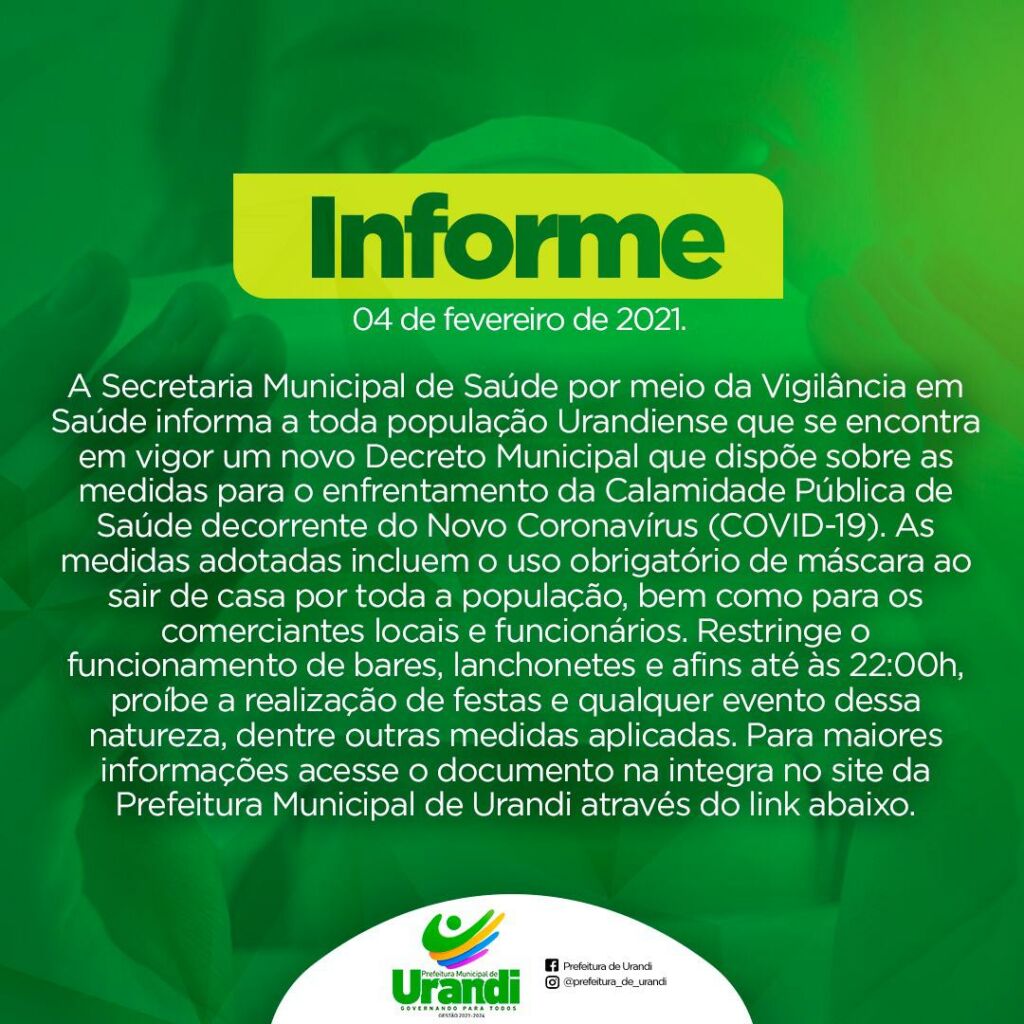 WhatsApp Image 2021 02 04 at 18.09.56 1 Prefeitura de Urandi emite decreto com novas medidas para o enfrentamento da Calamidade Pública de Saúde decorrente do Coronavírus