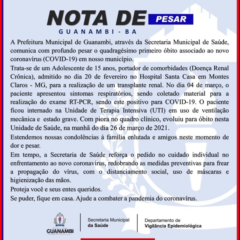 WhatsApp Image 2021 03 26 at 10.47.31 e1616801584986 Adolescente de 15 anos é a 41ª vítima por complicações da Covid-19 em Guanambi