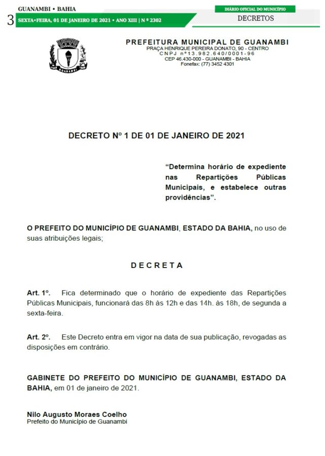 141812205320210201 Prefeito Nilo Coelho extingue expediente de “turnão”; Prefeitura de Guanambi agora atenderá a população em dois turnos