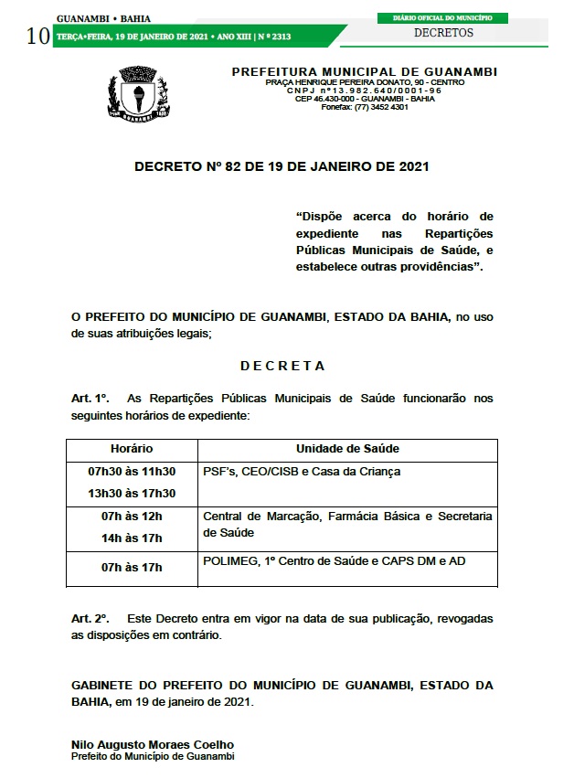87815561120212001 Para melhor atender a população, Unidades de Saúde de Guanambi passam a funcionar em novos horários