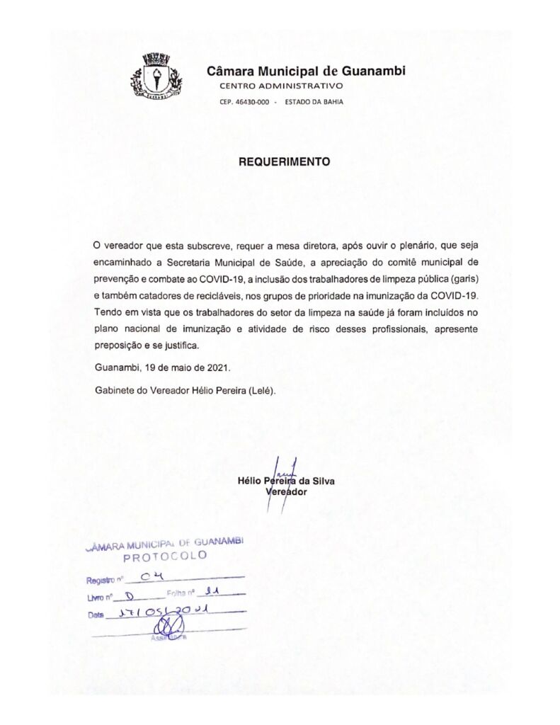 Camara Municipal de Guanambi 2 page 0001 1 Vereador Lelé solicita a inclusão dos trabalhadores da limpeza no plano de vacinação em Guanambi