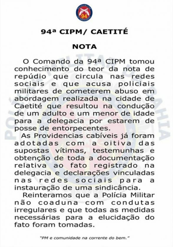 Nota 587x840 1 Caetité: PM instaura sindicância para apurar denúncia de agressão de policiais a adolescente