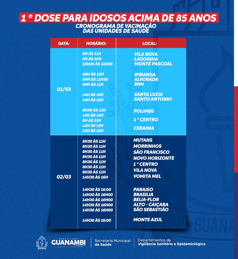 VACINA GBI Prefeitura de Guanambi divulga cronograma da 1ª dose de vacina contra a Covid-19 nos idosos acima de 85 anos