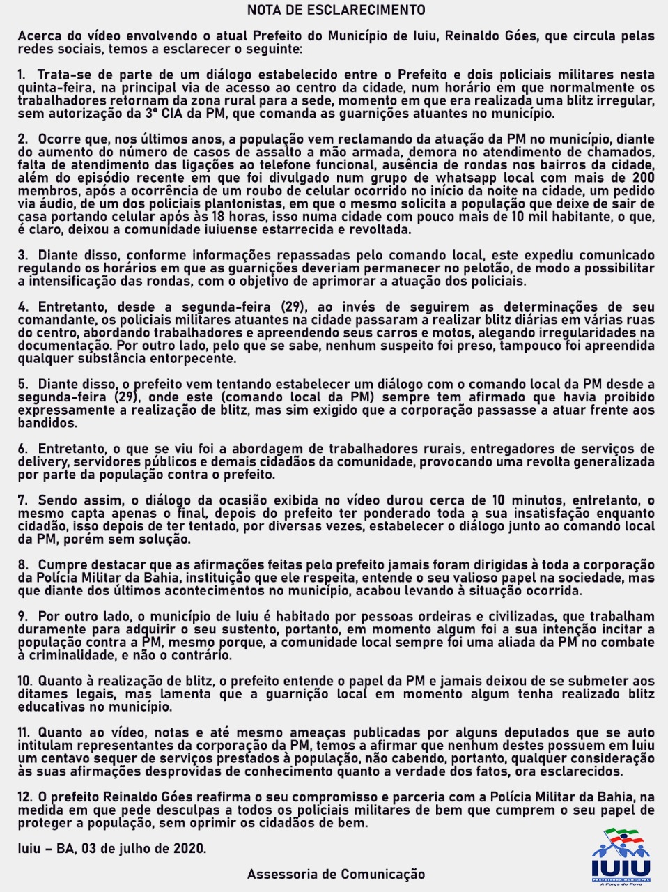 WhatsApp Image 2020 07 03 at 17.56.50 Prefeito de Iuiu emite Nota de Esclarecimento