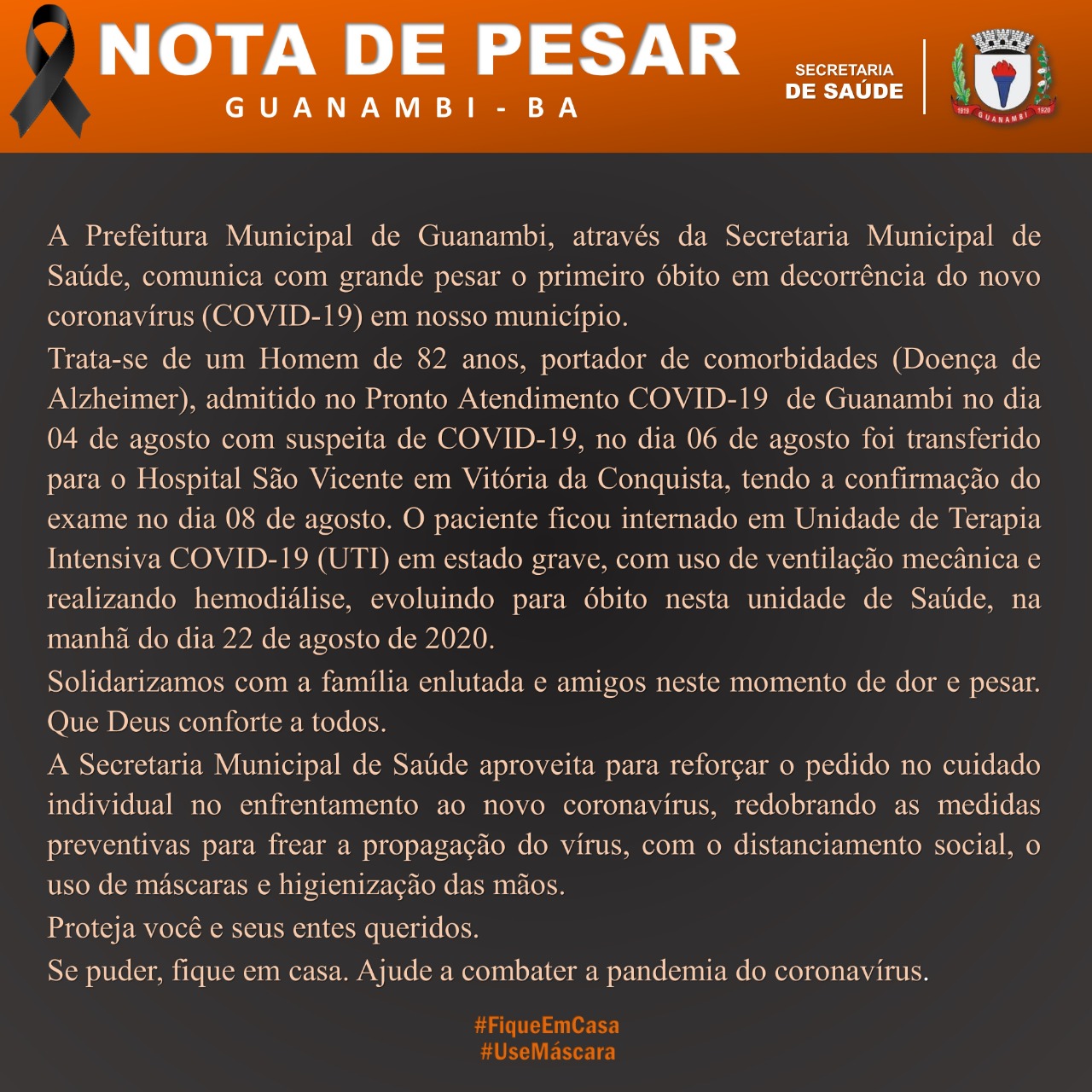 WhatsApp Image 2020 08 22 at 12.00.38 Guanambi registra o primeiro óbito em decorrência da Covid-19, vítima é um idoso de 82 anos