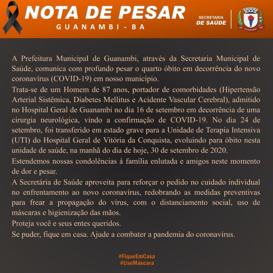 WhatsApp Image 2020 09 30 at 16.29.32 Guanambi registra o quarto óbito em decorrência da Covid-19, vítima é um idoso de 87 anos