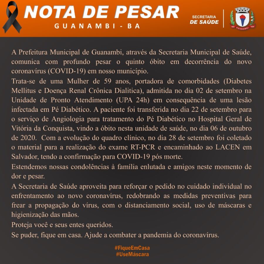 WhatsApp Image 2020 10 07 at 10.43.04 Guanambi registra o quinto óbito em decorrência da Covid-19, vítima é uma mulher de 59 anos