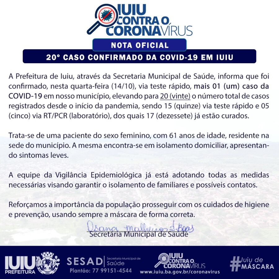 WhatsApp Image 2020 10 14 at 16.32.45 Iuiu confirma o 20º caso de covid-19