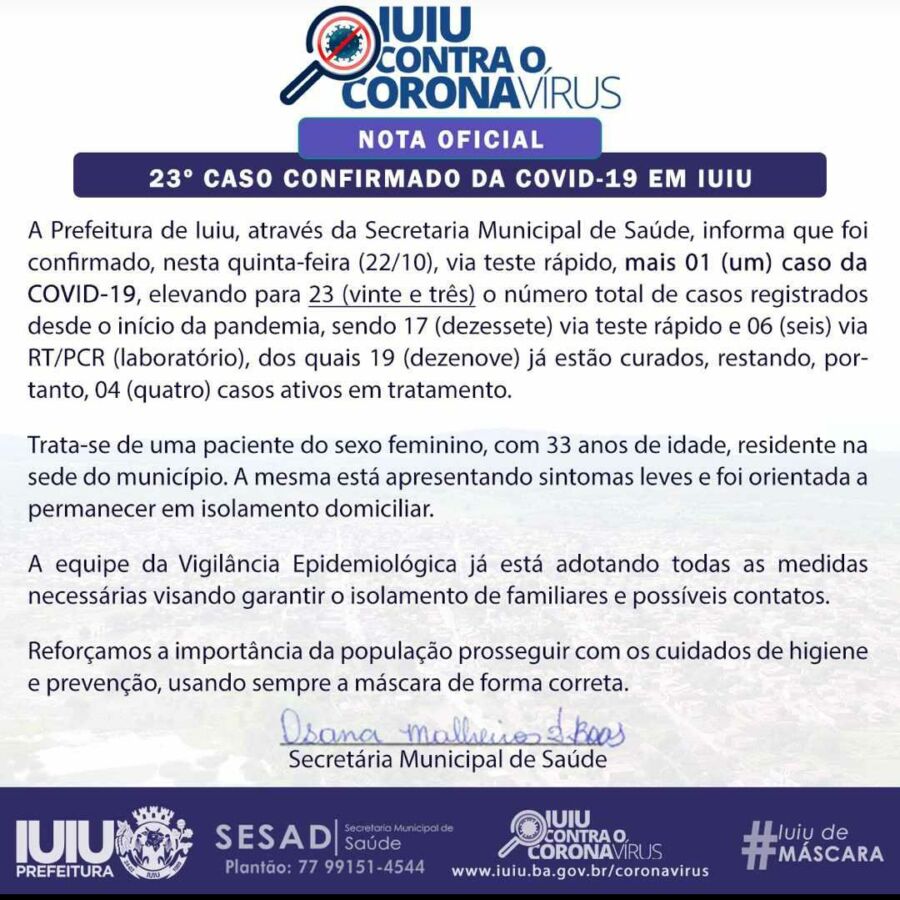 WhatsApp Image 2020 10 22 at 10.37.36 Iuiu registra o 23º caso de covid-19