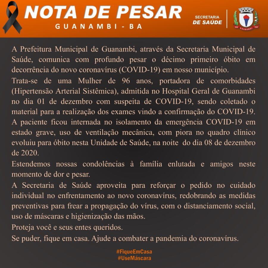 WhatsApp Image 2020 12 09 at 10.16.38 Guanambi registra o décimo primeiro óbito por coronavírus e mais 105 novos casos da doença; vítima trata-se de uma idosa de 96 anos