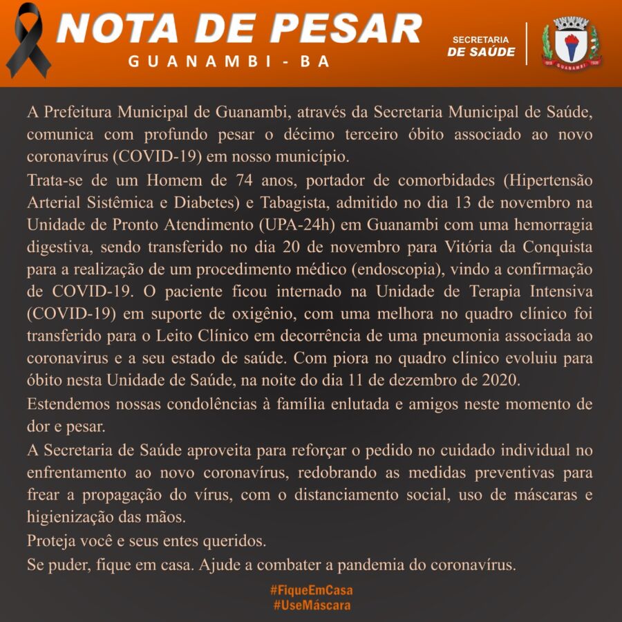 WhatsApp Image 2020 12 17 at 09.50.26 Guanambi registra o décimo terceiro óbito em decorrência da Covid-19, vítima é um idoso de 74 anos
