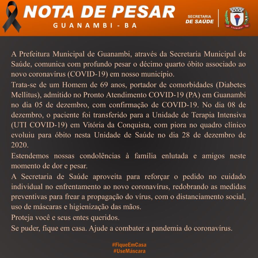 WhatsApp Image 2020 12 29 at 08.07.38 Guanambi registra o décimo quarto óbito em decorrência da Covid-19, vítima é um homem de 69 anos