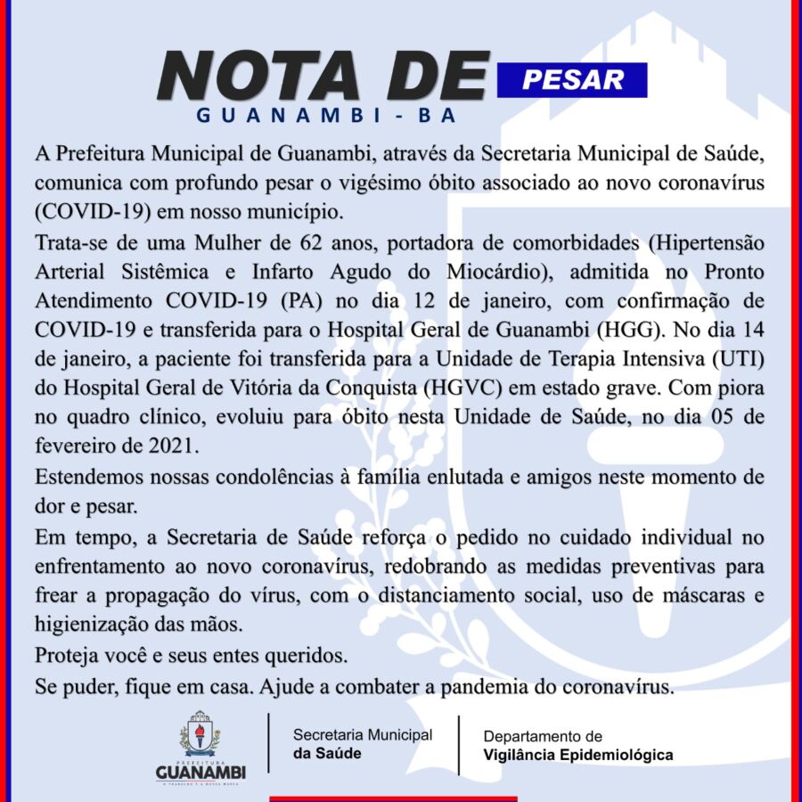 WhatsApp Image 2021 02 05 at 20.34.35 1 Guanambi registra o 20º óbito por coronavírus e mais 36 novos casos da doença; vítima trata-se de uma mulher de 62 anos