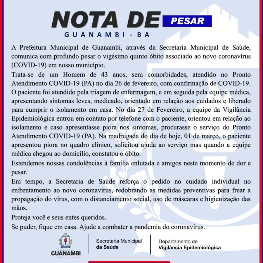 WhatsApp Image 2021 03 01 at 09.45.03 Guanambi registra o 25º óbito em decorrência da Covid-19, vítima é um homem de 43 anos