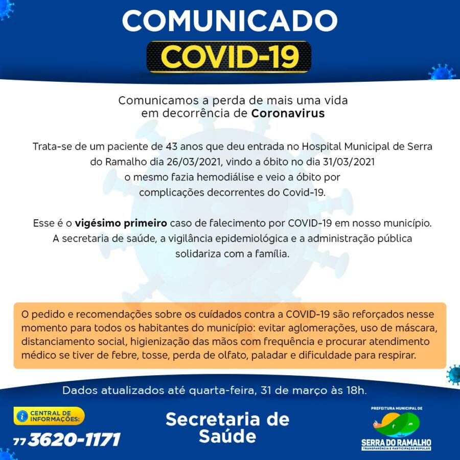 WhatsApp Image 2021 03 31 at 19.22.24 Serra do Ramalho tem 32 casos ativos de Covid-19 e 331 recuperados
