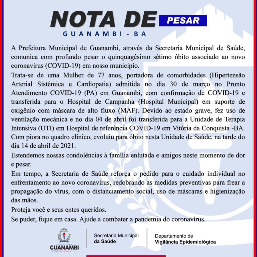 WhatsApp Image 2021 04 14 at 22.28.46 Guanambi registra mais 1 óbito por coronavírus e 29 novos casos da doença