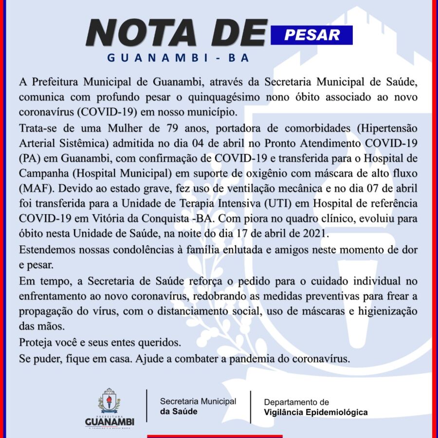 WhatsApp Image 2021 04 18 at 17.13.04 Guanambi registra mais 1 óbito por coronavírus e 14 novos casos da doença