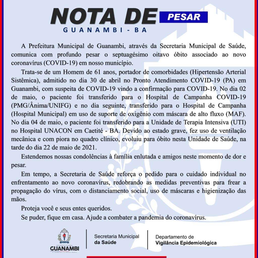 WhatsApp Image 2021 05 22 at 18.43.44 2 Guanambi registra o 78º óbito em decorrência da Covid-19 e mais 30 casos