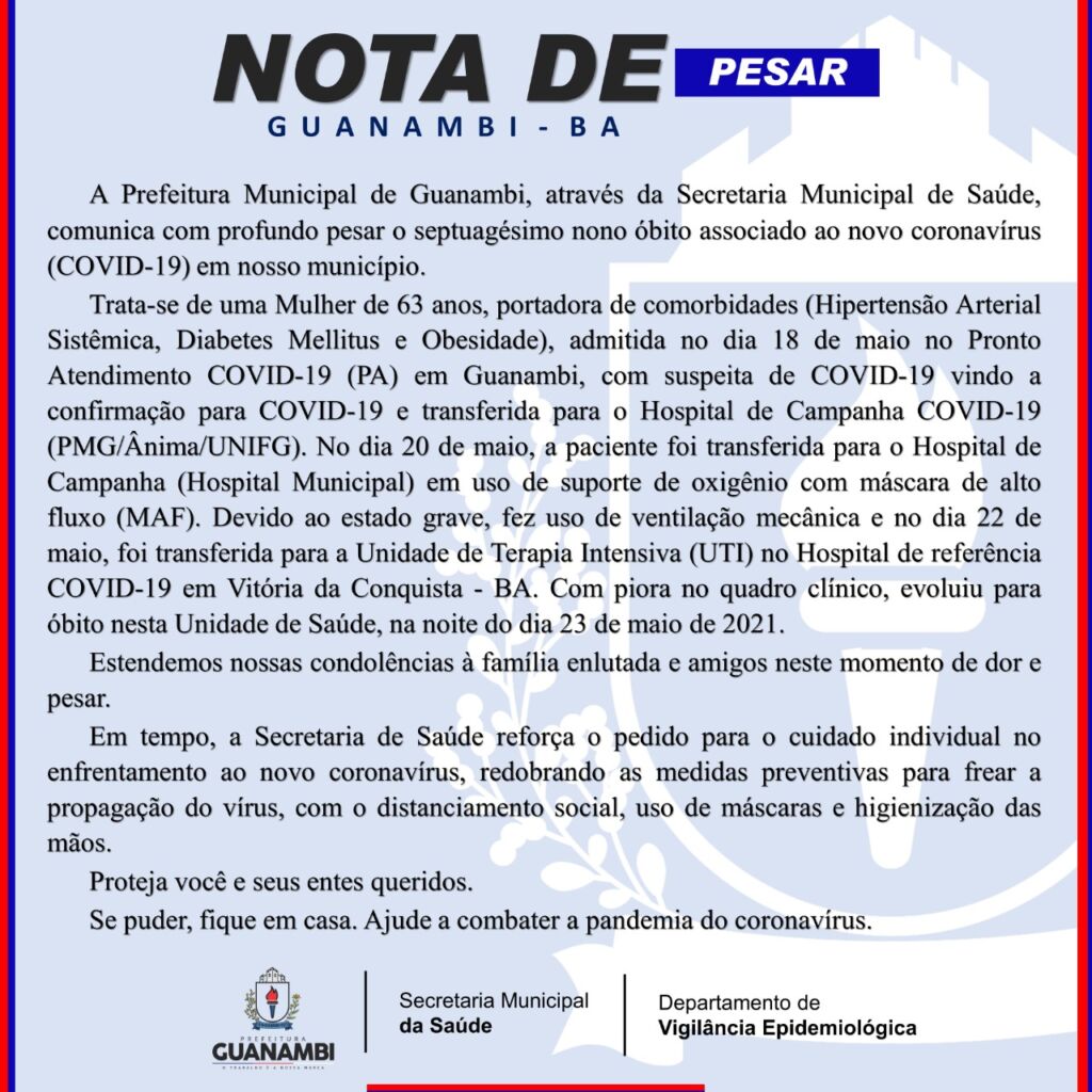 WhatsApp Image 2021 05 24 at 20.03.26 1 Guanambi registra o 79º óbito em decorrência da Covid-19 e mais 25 casos