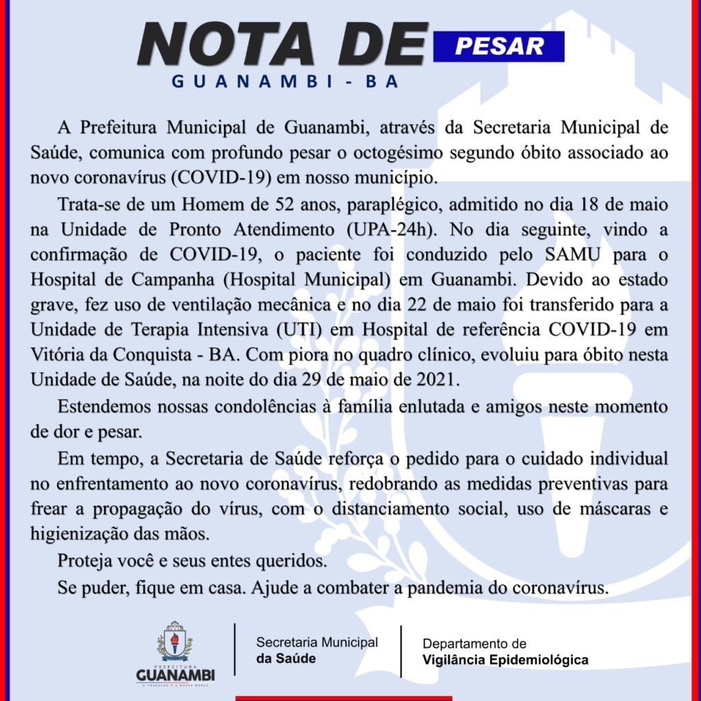 WhatsApp Image 2021 05 31 at 20.29.33 2 Guanambi registra o 82º óbito por covid-19 e mais 66 casos