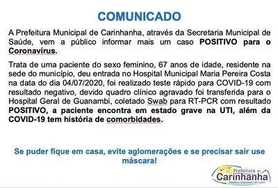 gh 1 Carinhanha registra novo caso positivo do coronavírus e paciente está em estado grave