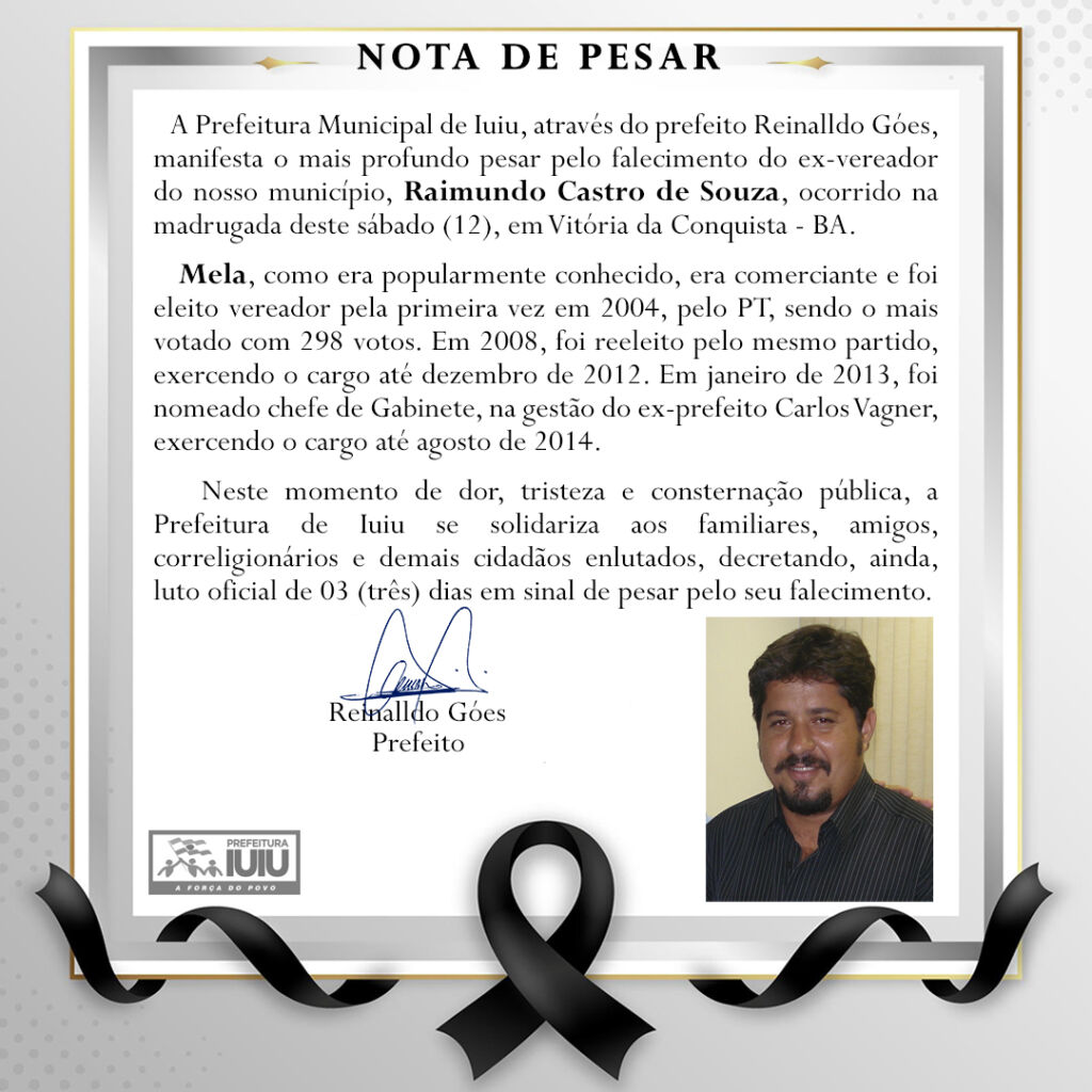 88808360120211206 Prefeitura e Câmara de Iuiu emitem Nota de Pesar pelo falecimento do ex-vereador e empresário Mela
