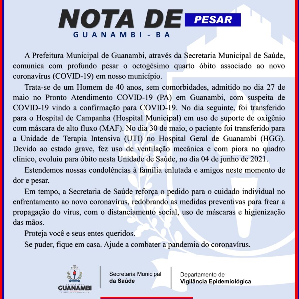 WhatsApp Image 2021 06 04 at 08.55.10 Homem de 40 anos é o 84º óbito por covid-19 em Guanambi; vítima não tinha comorbidades