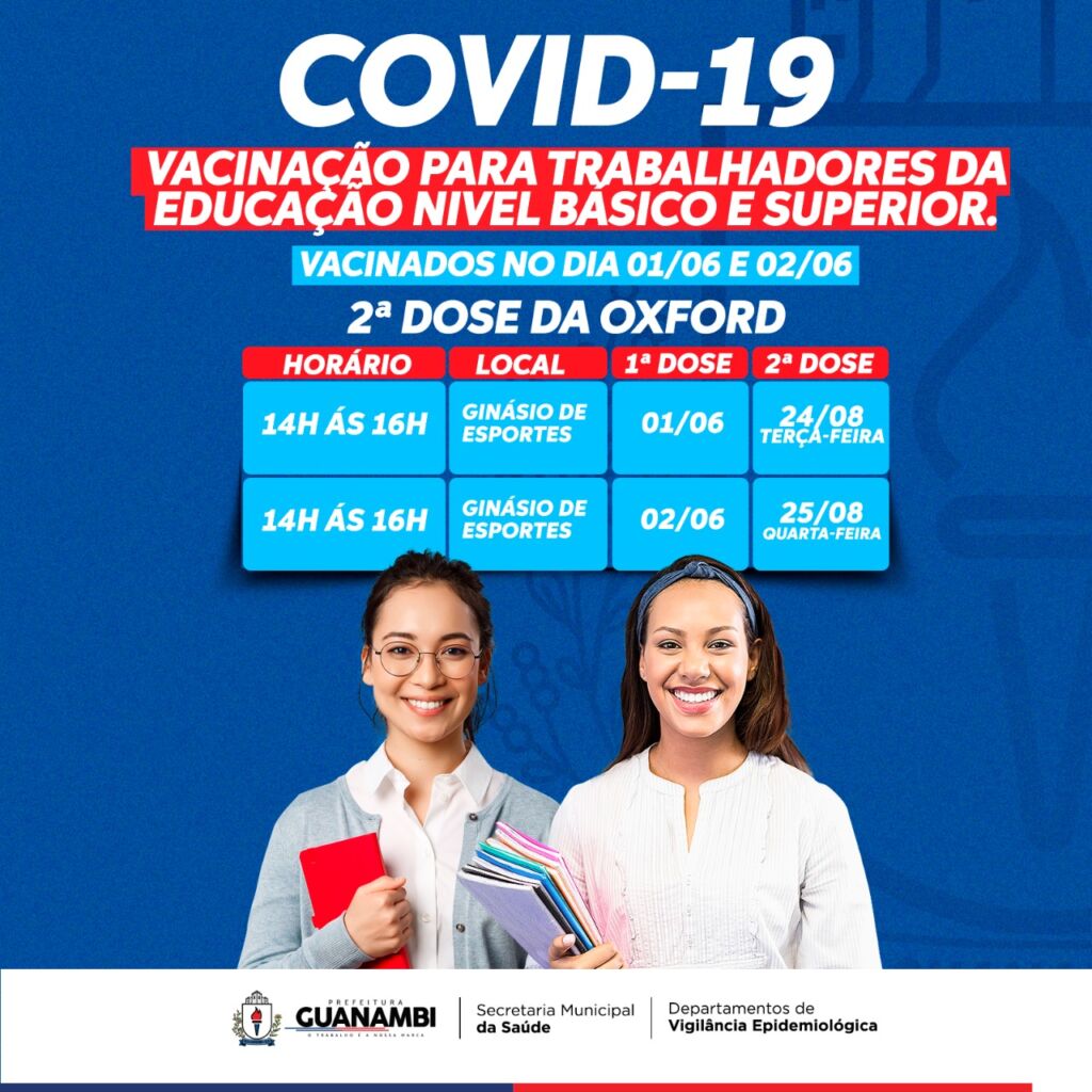 baixados 1 Guanambi aplica segunda dose da Oxford nesta terça (24) e quarta (25), nos trabalhadores da educação nível básico e superior
