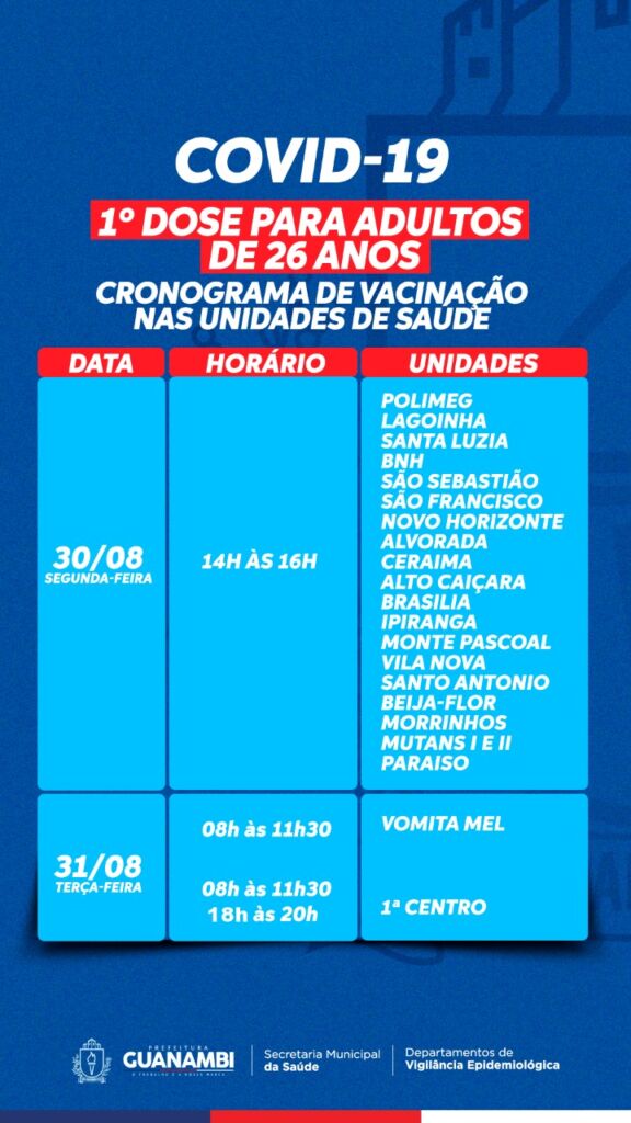 baixados 2 Guanambi vacina contra a Covid-19 nesta segunda (30) e terça (31), pessoas de 26 anos; veja cronograma completo