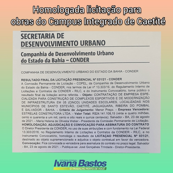 conder Homologada licitação para obras do Campus Integrado de Caetité