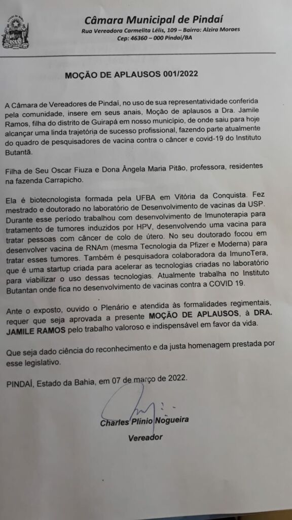 WhatsApp Image 2022 03 14 at 11.15.22 Câmara de Vereadores de Pindaí aprova moção de aplausos a Dra. Jamile Ramos