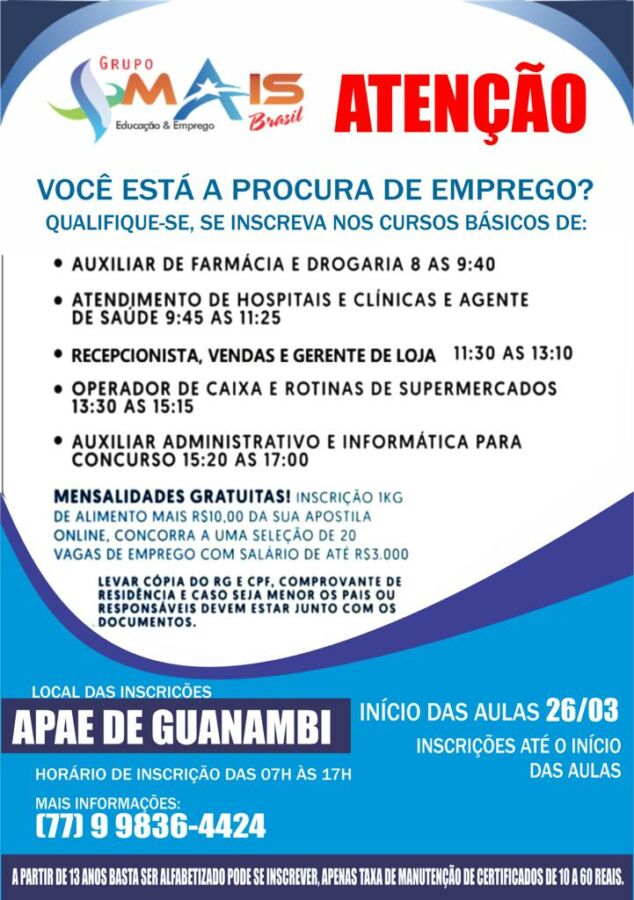 WhatsApp Image 2022 03 22 at 14.28.37 Empresa Mais Brasil oferece cursos de capacitação profissional sem mensalidade em Guanambi