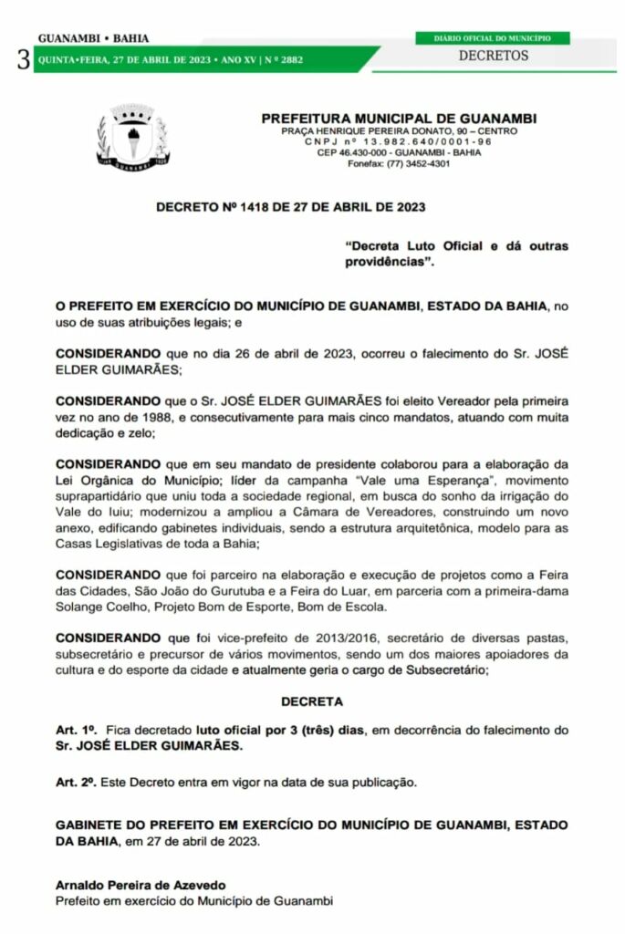 WhatsApp Image 2023 04 27 at 12.07.09 Prefeito Interino Nal Azevedo decreta luto oficial de três dias em Guanambi e suspende sua agenda de trabalho