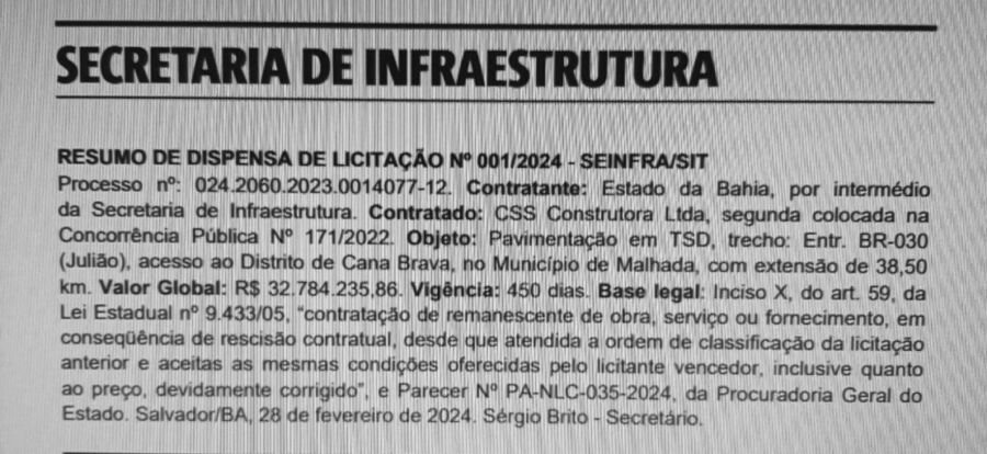 6fc00c99 7699 446e a2f2 2930d89ac106 Governo publica dispensa de licitação para asfaltamento da estrada Julião Canabrava, em Malhada