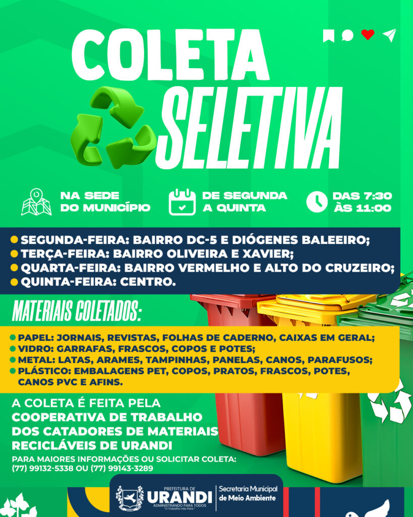 coleta seletiva Urandi inicia coleta seletiva de lixo com cronograma semanal e participação de cooperativa local