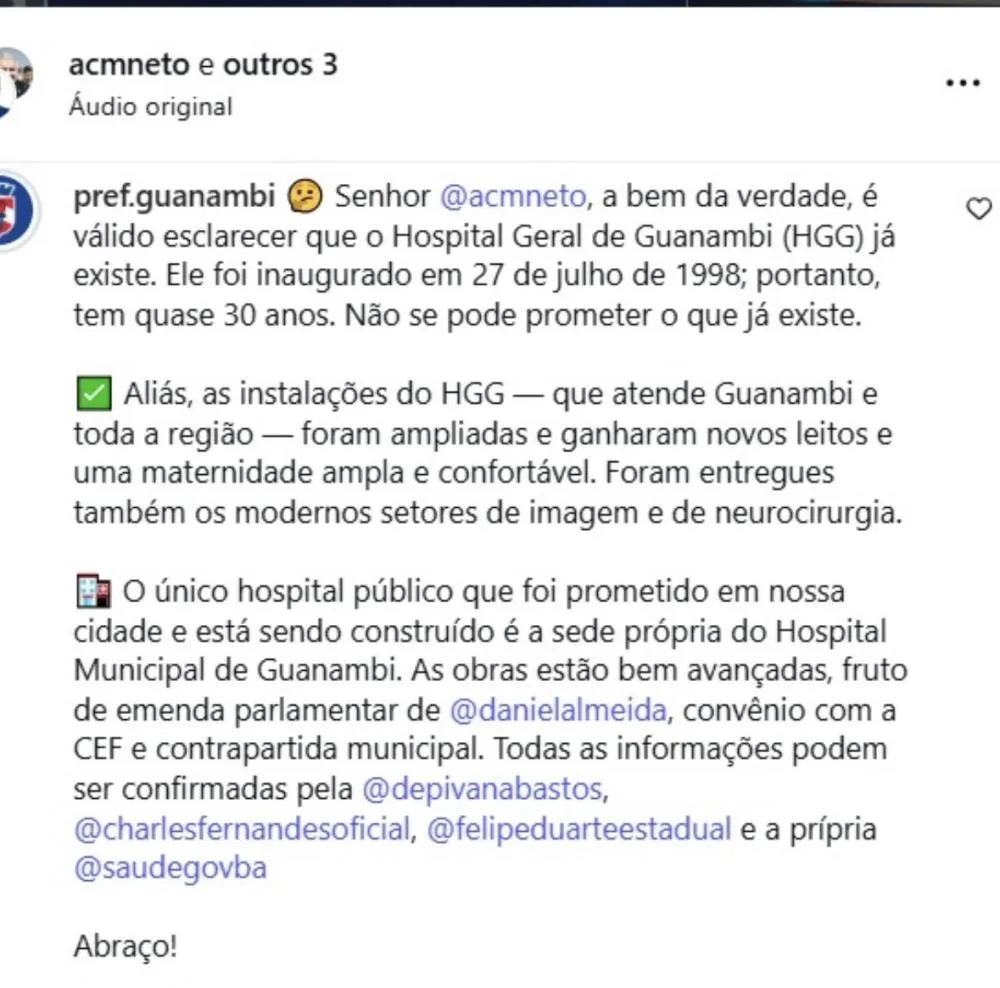 e6a08351367bdf95b14d4a6fcf798291 Prefeitura de Guanambi desmascara fake news de ACM Neto sobre construção de hospital