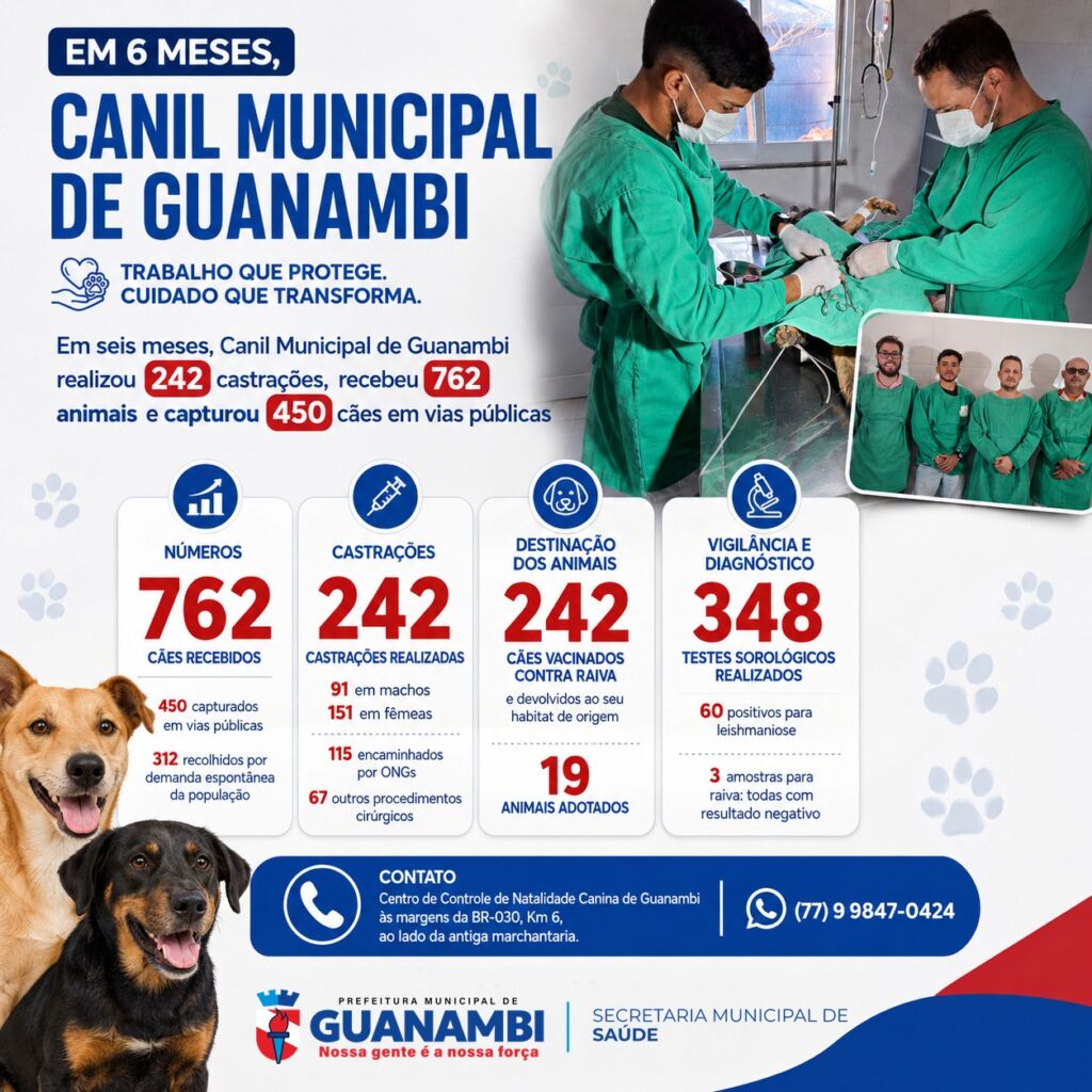 WhatsApp Image 2026 07 08 at 16.12.10 Em seis meses, Canil Municipal de Guanambi realizou 242 castrações, recebeu 762 animais e capturou 450 cães em vias públicas