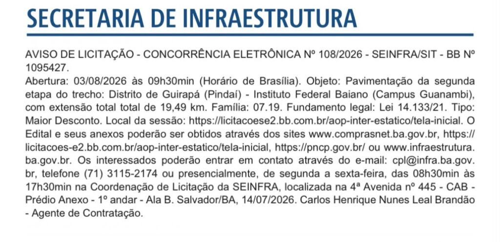 WhatsApp Image 2026 07 15 at 08.44.29 Seinfra publica aviso de licitação para pavimentação entre Guirapá, em Pindaí, e IF Baiano, em Guanambi