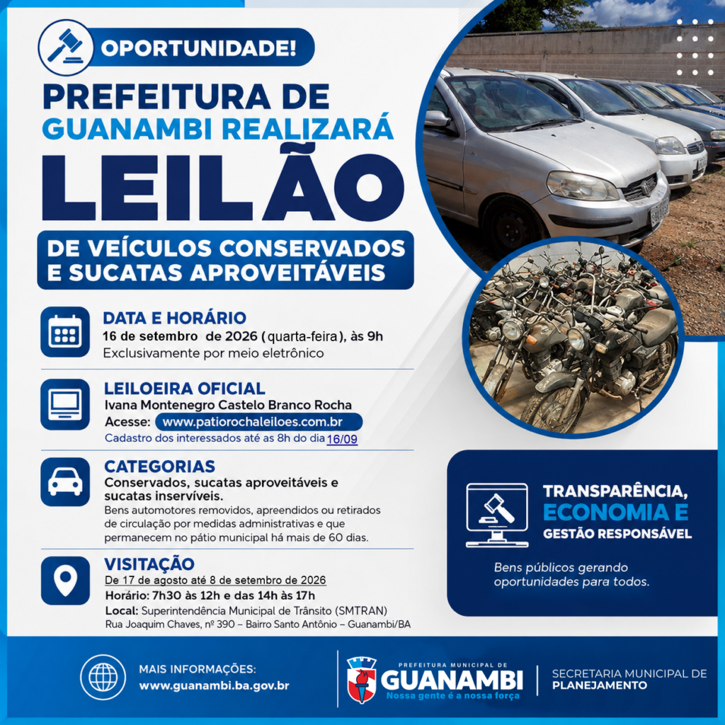 1788176742889 687115958 Prefeitura de Guanambi realizará em 16 de setembro, leilão de veículos conservados e sucatas aproveitáveis